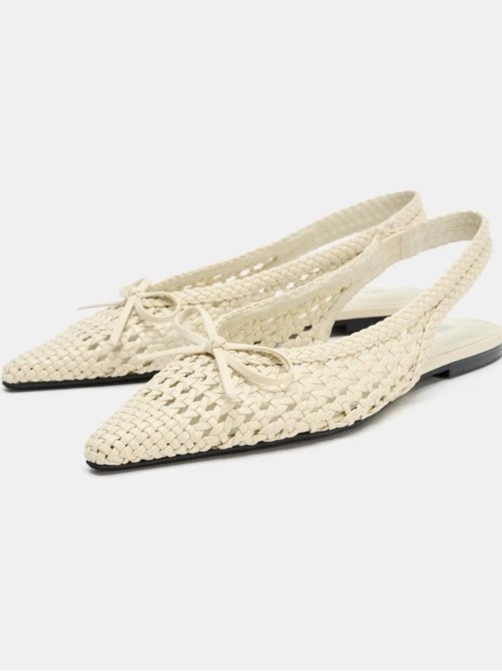 Zara Cream Woven Pointed Slingback Flats with Bow